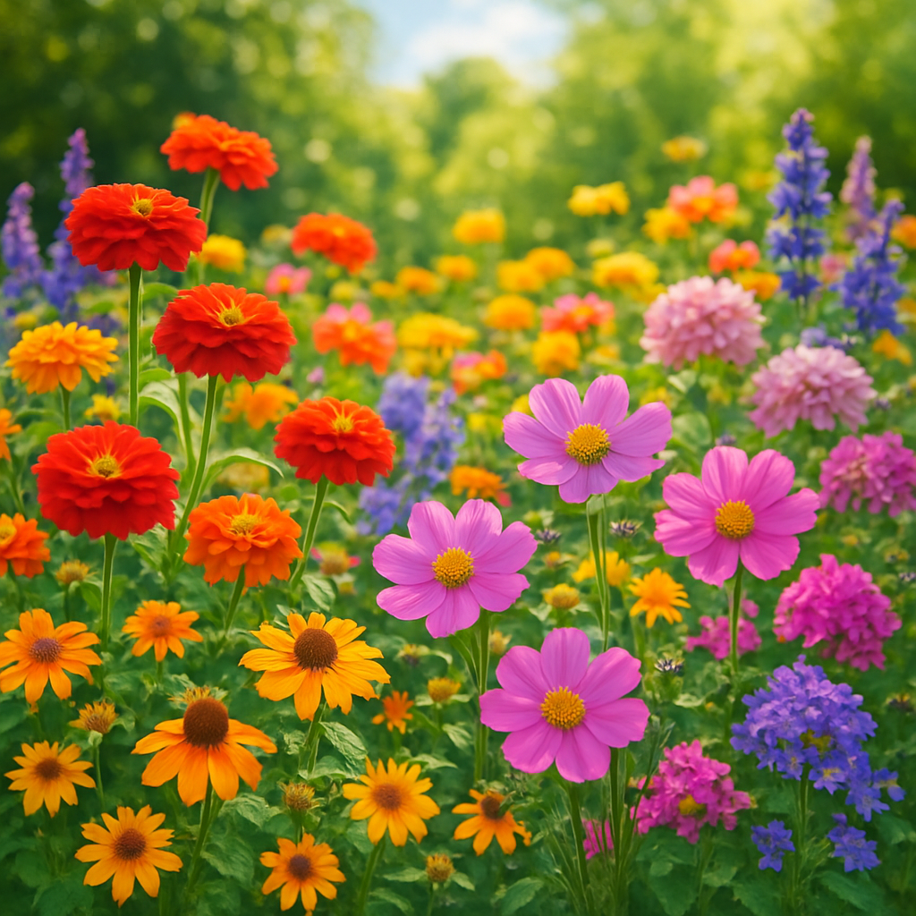 A variety of colorful flowers in a sunny garden